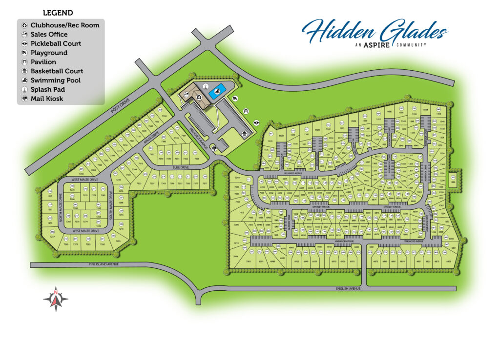 Illustrated map of Hidden Glades mobile homes community featuring amenities such as a clubhouse, swimming pool, basketball court, and splash pad.