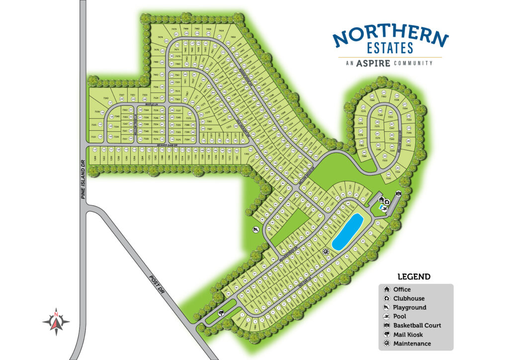 Map of northern Michigan trailer parks residential community layout, highlighting amenities such as clubhouse, playground, pool, and sports facilities.