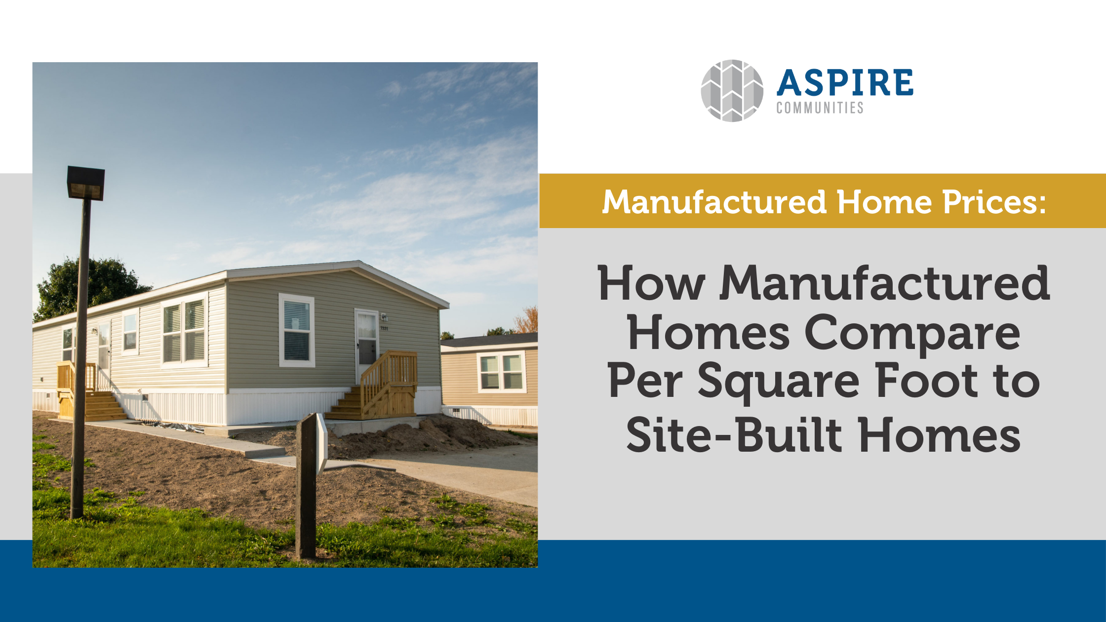 Image of a manufactured home with the text: "Manufactured Home Prices: How Manufactured Homes Compare Per Square Foot to Site-Built Homes," and the Aspire Communities logo.