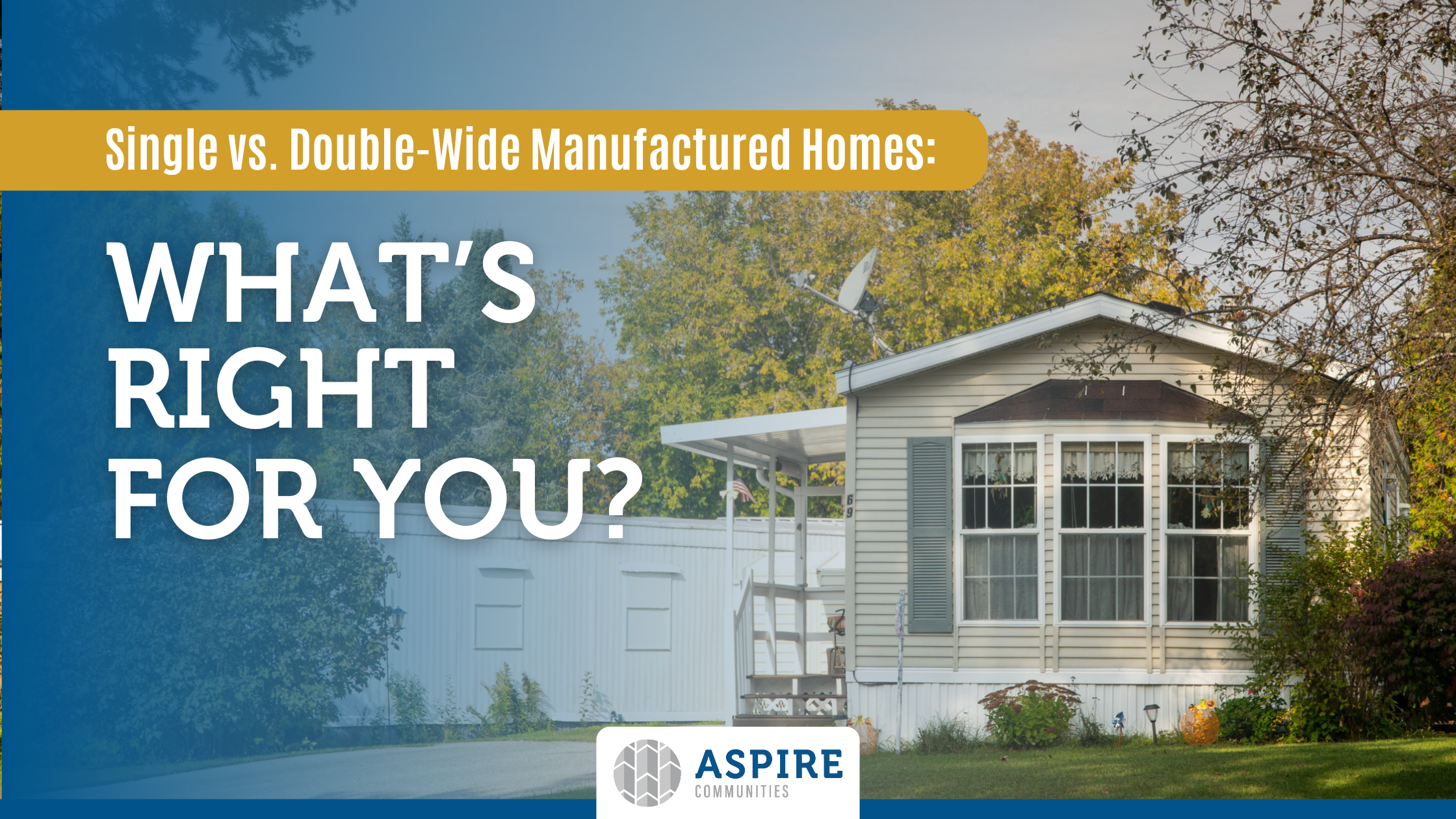 A comparison guide titled "Single vs. Double-Wide Manufactured Homes: What's Right For You?" with an image of a manufactured home beside trees and featuring Aspire Communities' logo at the bottom.