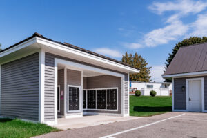 A building at Lakeview Village with lockers in front of it.