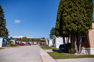 A street with houses and trees in scenic Lakeview Village.